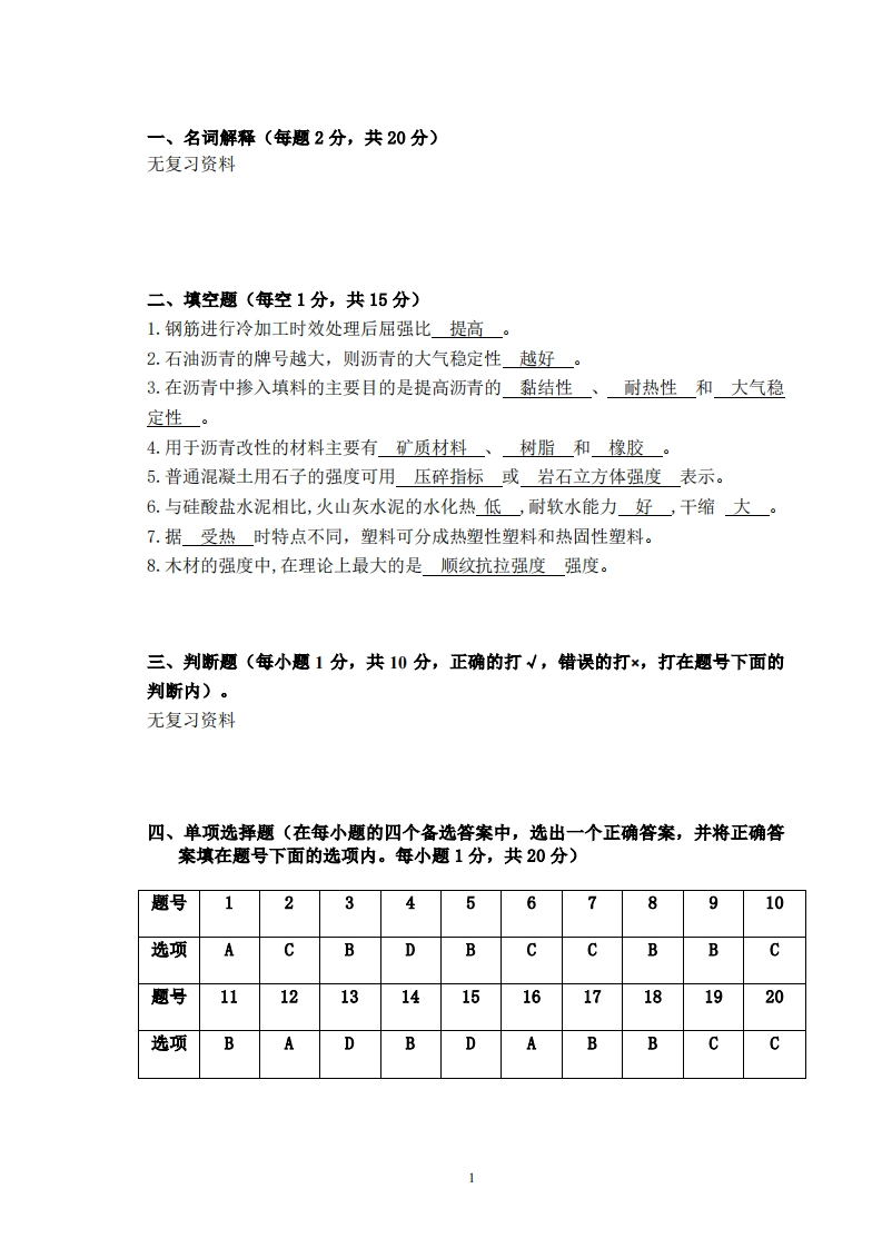 土木工程材料备考练习试题