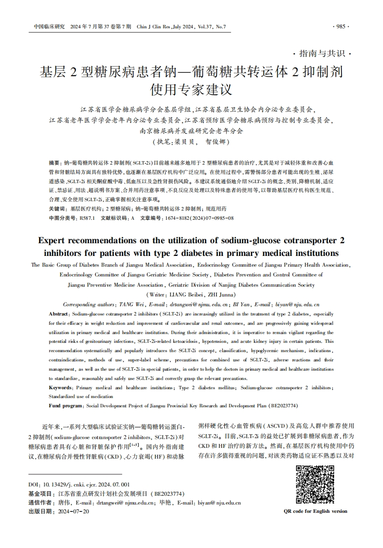 基层2型糖尿病患-者钠—葡萄糖共转运体2抑制剂使用专家建议