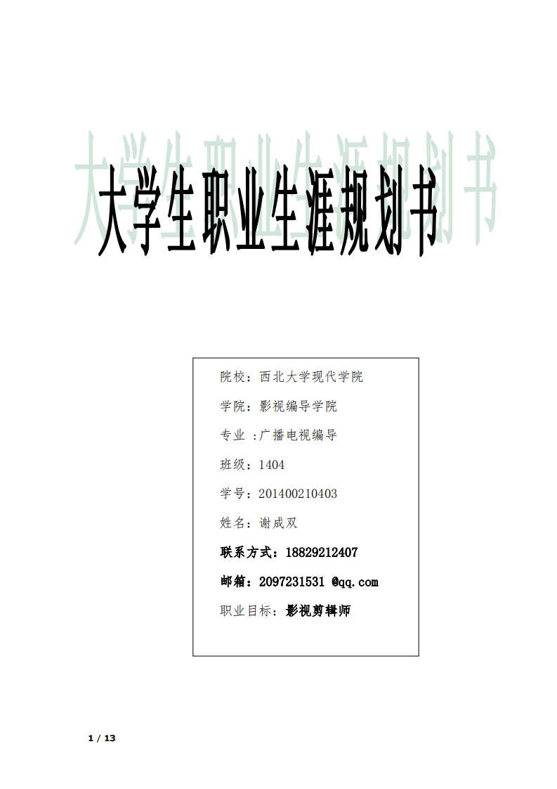 大学生职业生涯规划(影视剪辑师)