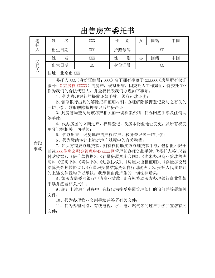 委托书-出售房产（1人签字）模板-20条-1
