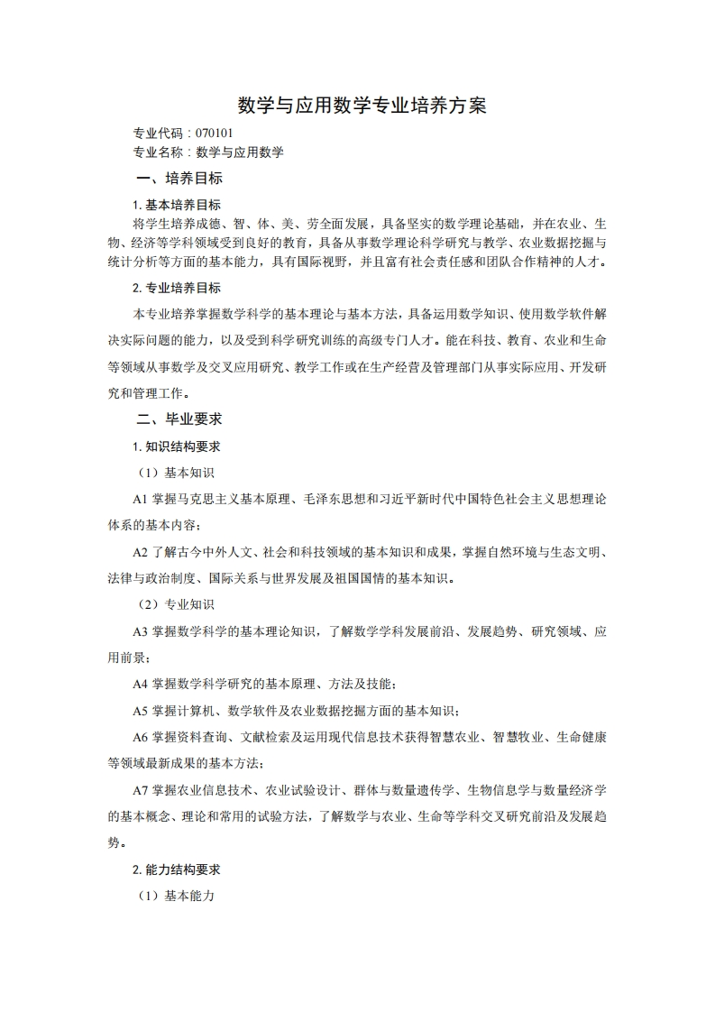 学科编号070101数理科学与应用数学专业培育方案千《7米A5口米广