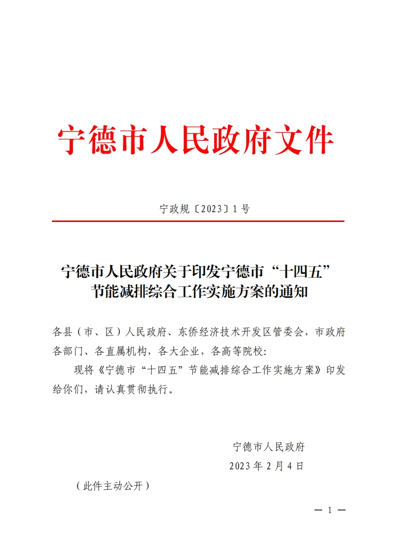 宁德市人民政府关于印发宁德市十四五节能减排综合工作实施方案的通知