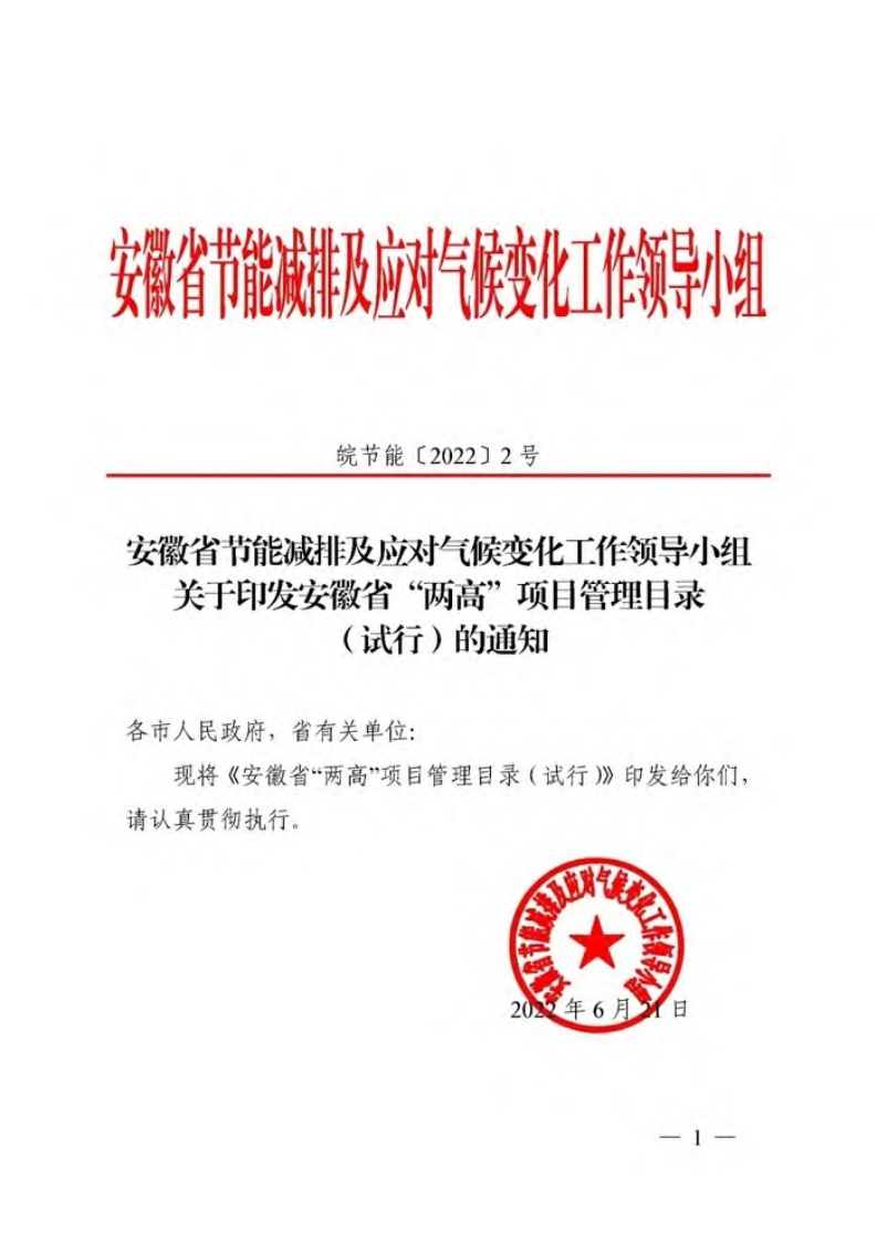 安徽省“两高”项目管理目录（试行）（2022年版）现行国家强制性标准规范