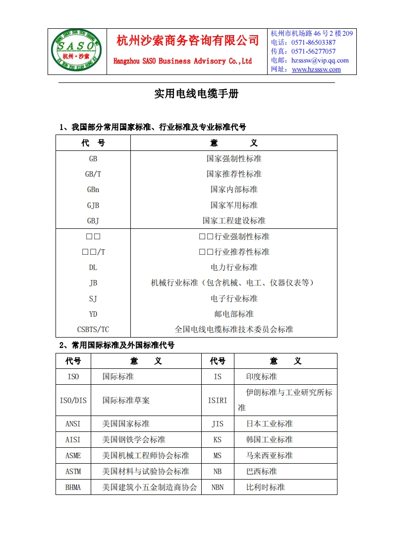 实用电线电缆代码手册