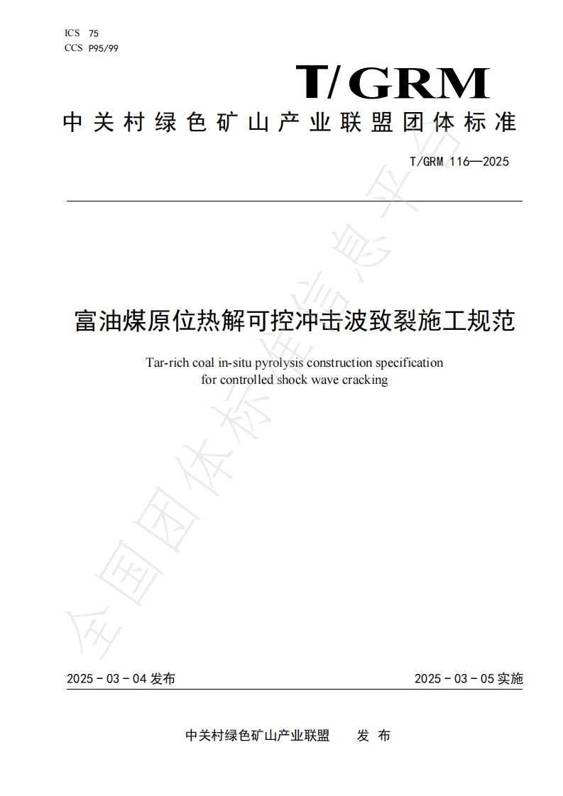 富油煤原位热解可控冲击波致裂施工规范Tar-richcoalin-situpyrolysisconstructionspecificationforcontrolledshockwavecracking