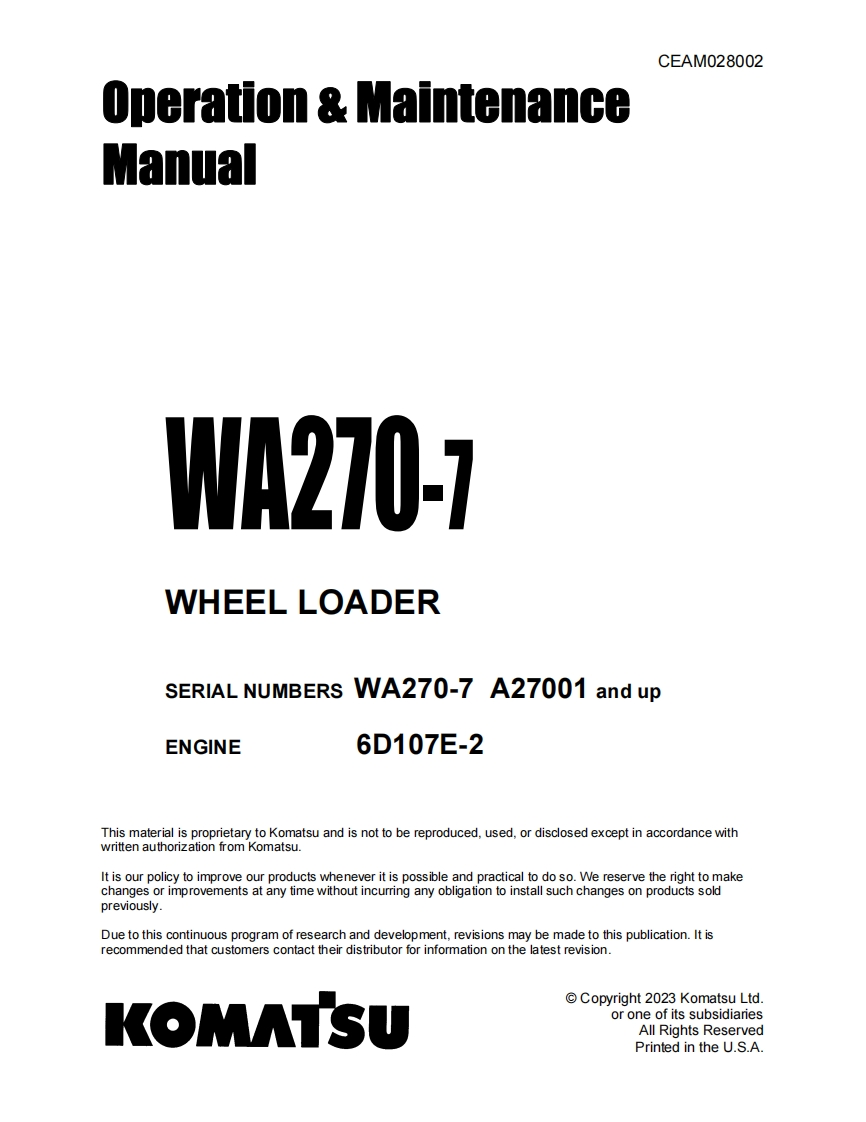 小松KOMATSU-WA270-7驾驶操作与维修保养说明书手册