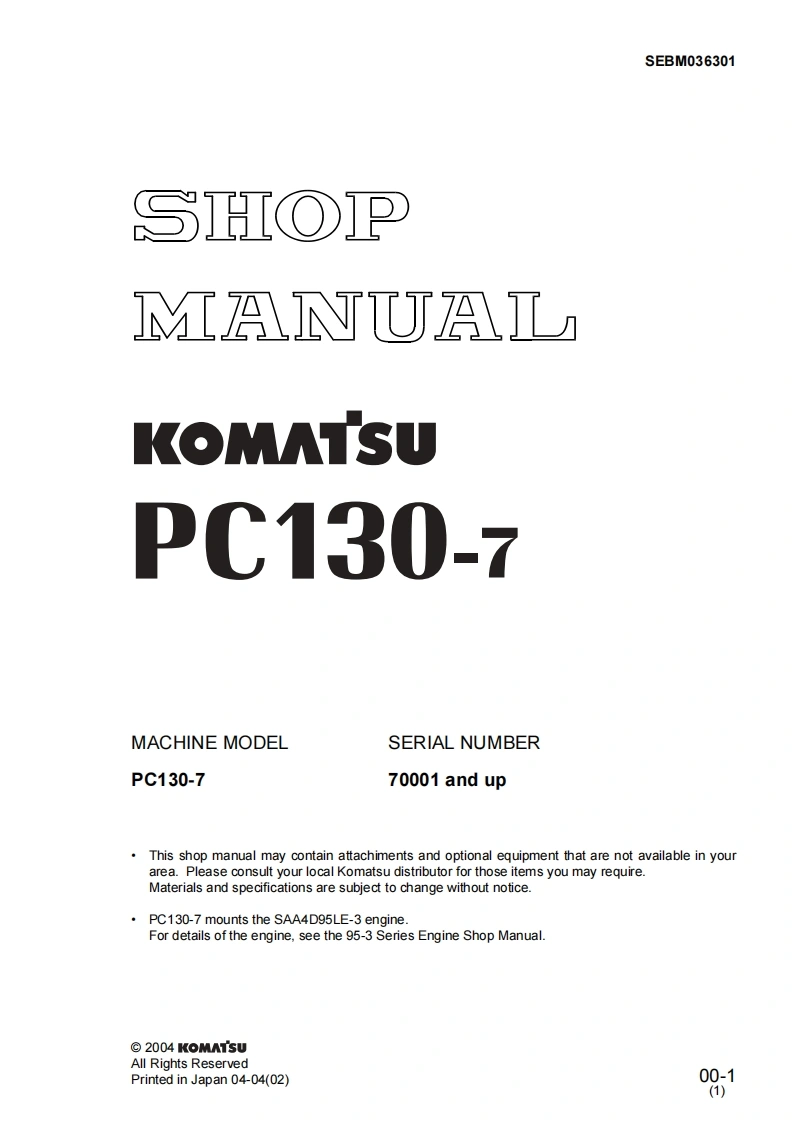 小松Komatsu-PC130-7-Hydraulic-Excavator-Service-Manual维修维护图纸说明书手册