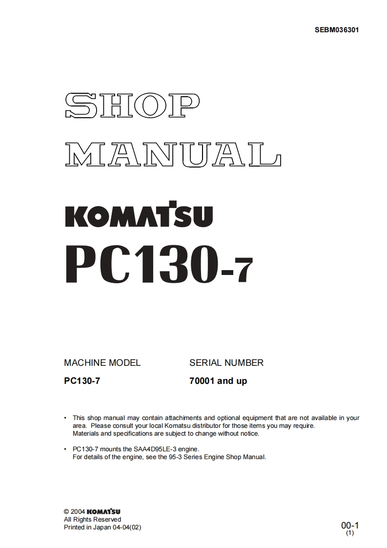 小松Komatsu-PC130-7-Hydraulic-Excavator-Service-Manual维修维护图纸说明书手册