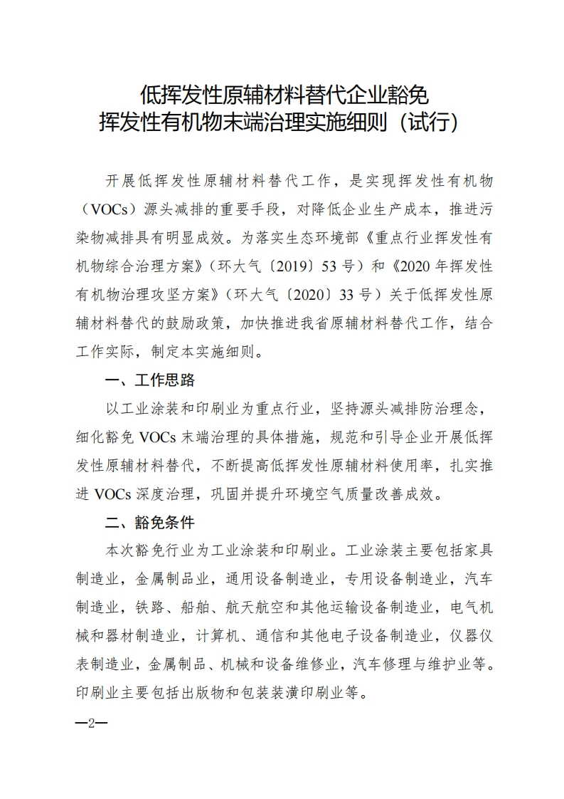 山东省低挥发性原辅材料替代企业豁免挥发性有机物末端治理实施细则（试行）