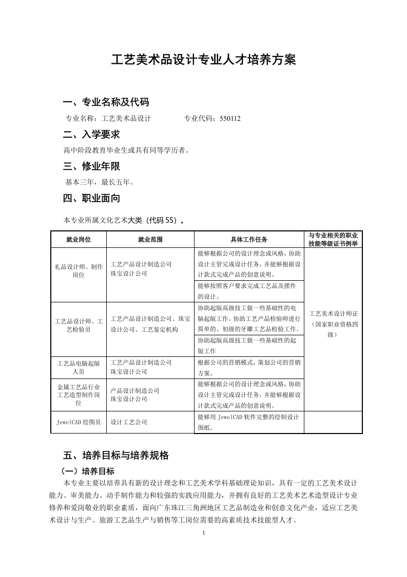 工艺美术品设计专业人才培养方案