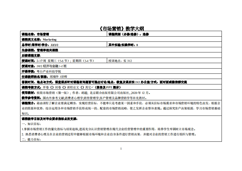 市场营销＿邱瑞华-21金融1、2班教学大纲