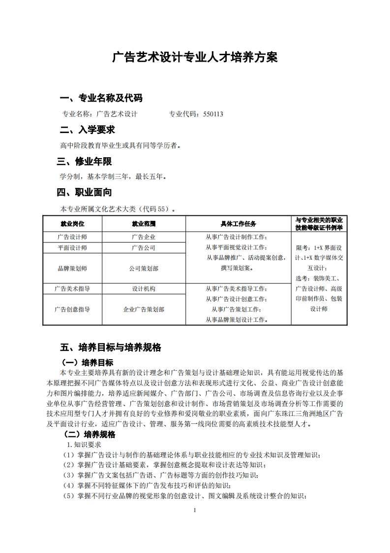 广告艺术设计专业人才培养方案