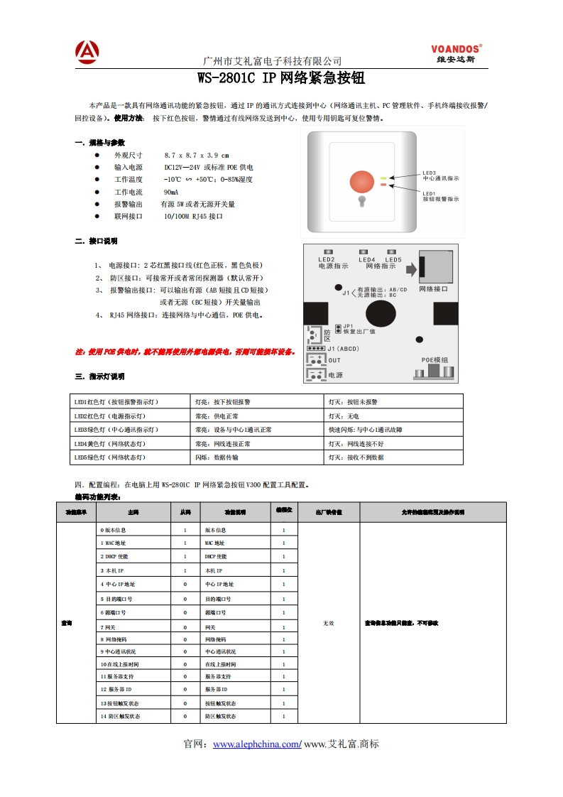 广州艾礼富电子IP网络紧急按钮WS-2801C说明书