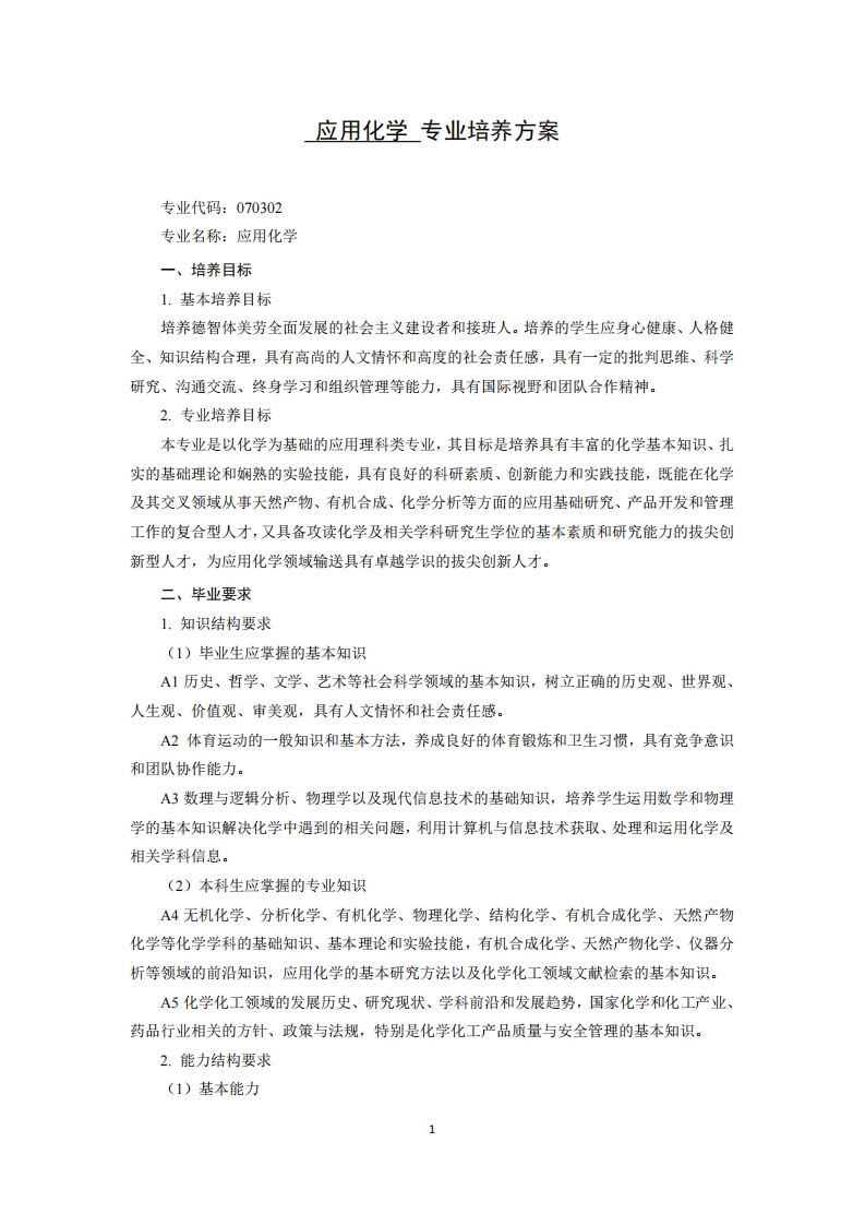 应用化学专业人才培养方案