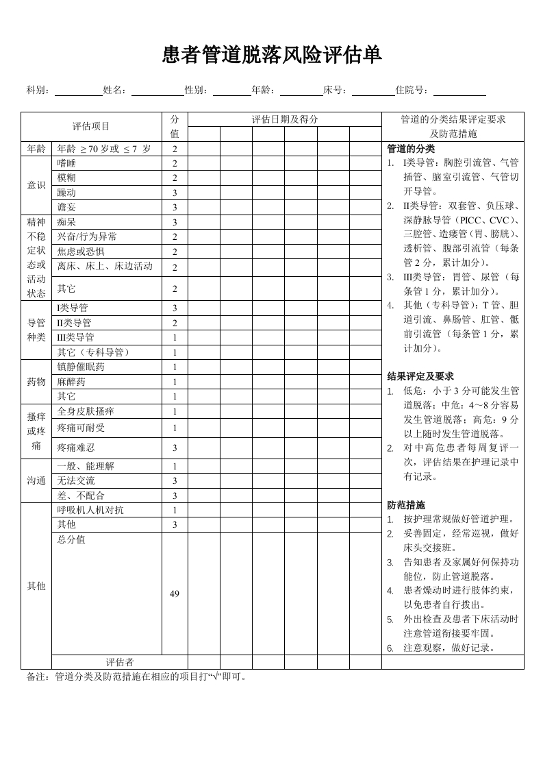 患者管道脱落风险评估单现行国家强制性标准规范