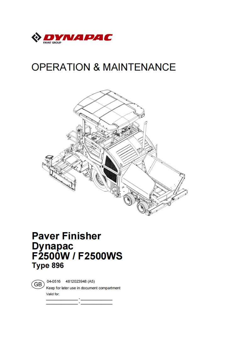 戴纳派克F2500W-F2500WS铺摊机操作与维护手册