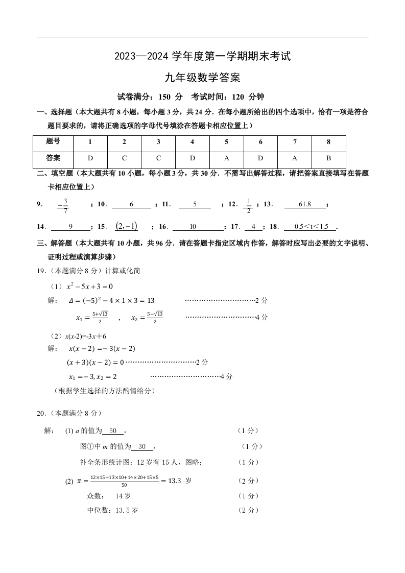 扬州市邗江区2023-2024第一学期期末考试初三数学答案