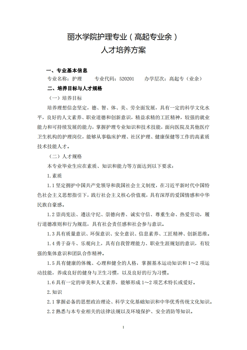 护理专业（高起专业余）人才培养大纲