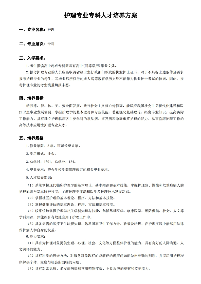 护理培养计划（高起专）