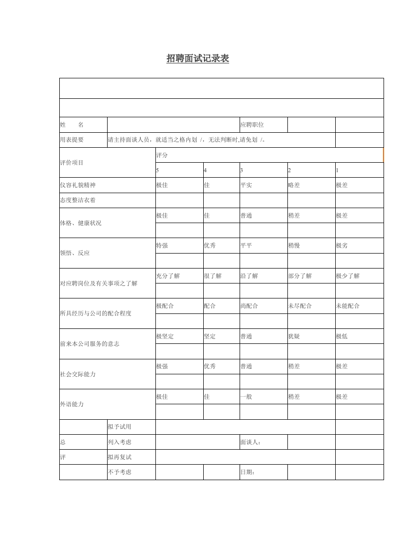 招聘面试记录表