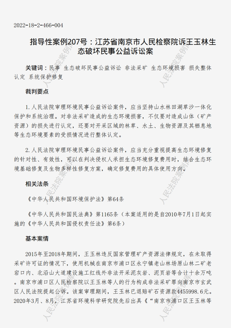 指导性案例207号：江苏省南京市人民检察院诉王玉林生态破坏民事公益诉讼案