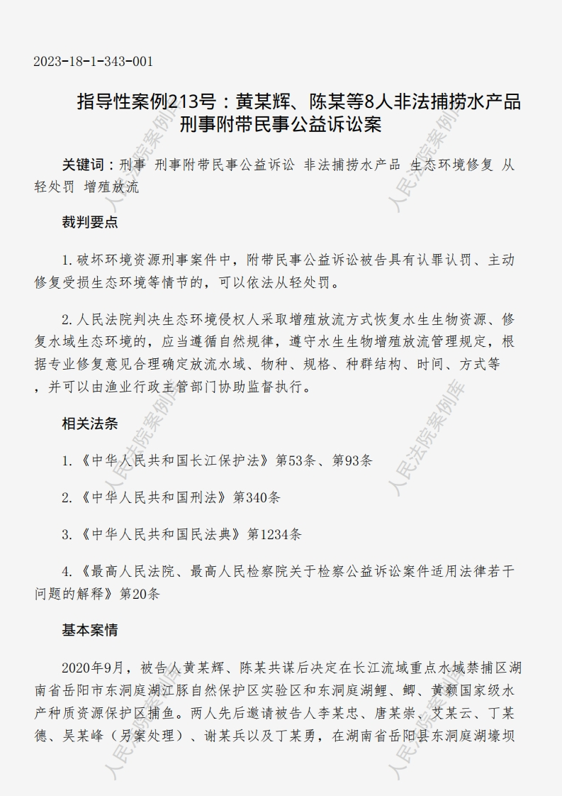 指导性案例213号：黄某辉、陈某等8人非法捕捞水产品刑事附带民事公益诉讼案