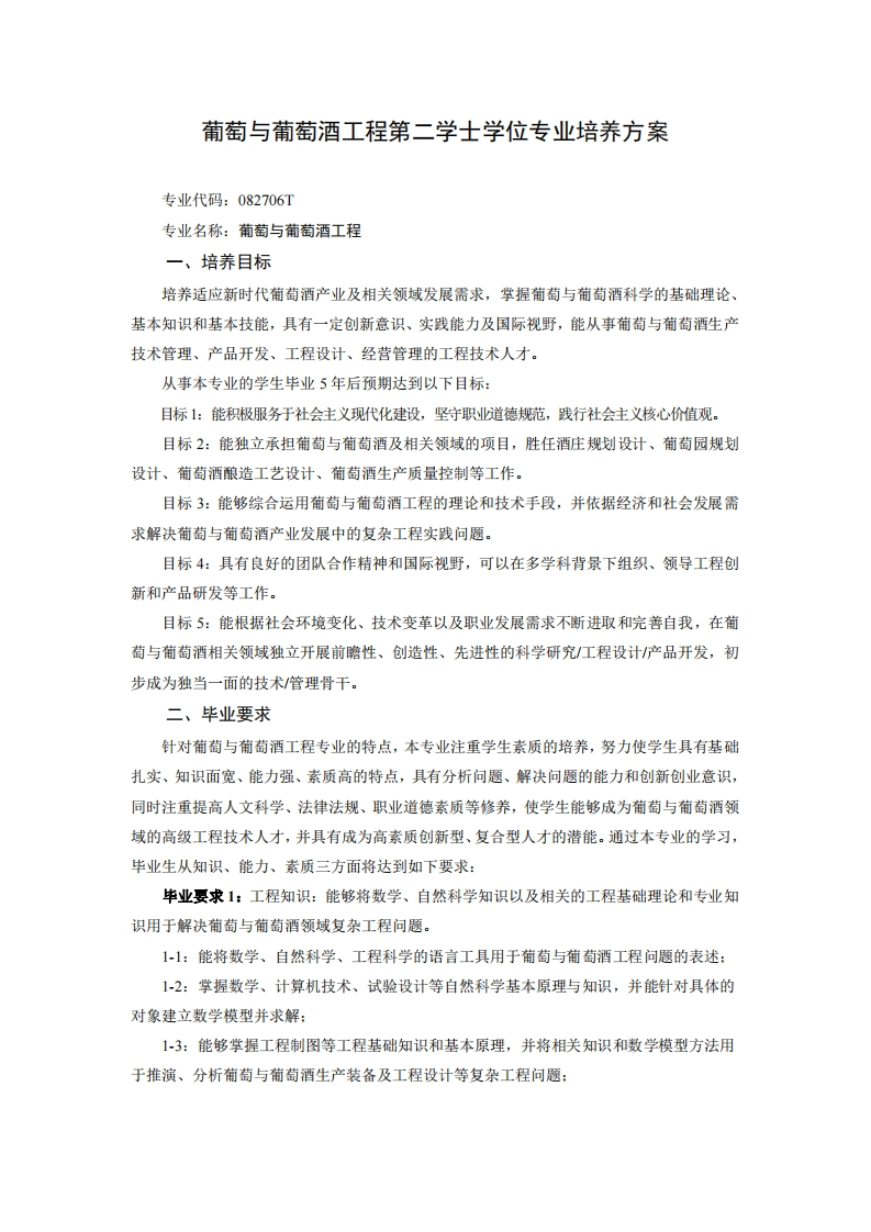 提子与红酒工程第二学士学位专业培育方案1