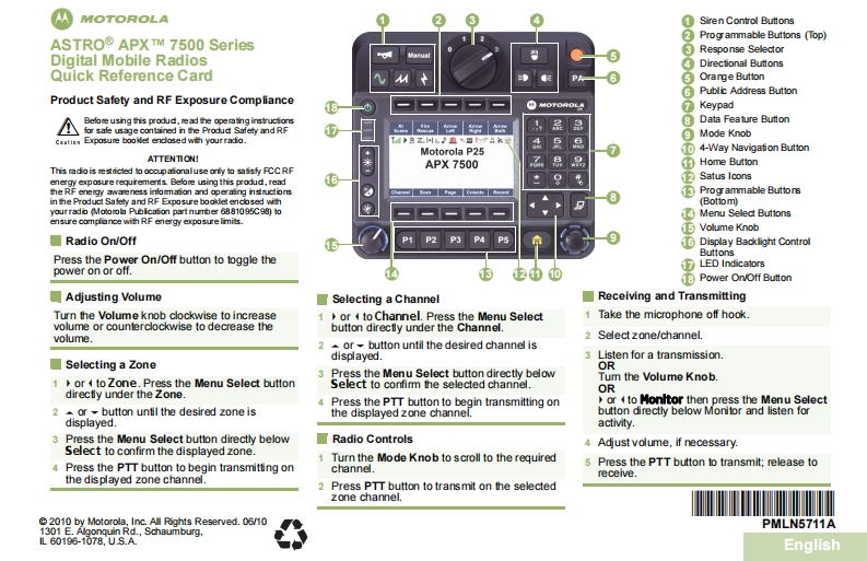 摩托罗拉APX750009QRC对讲机操作说明书手册