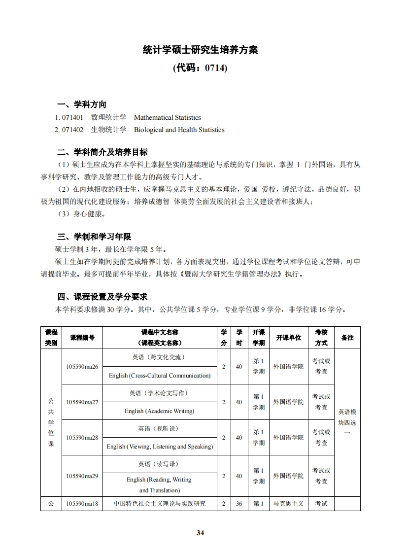 数理统计学硕士研究生培育方案0714