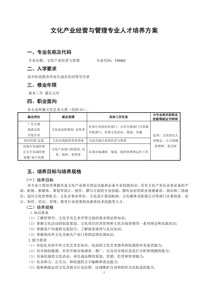文化产业人才培养方案