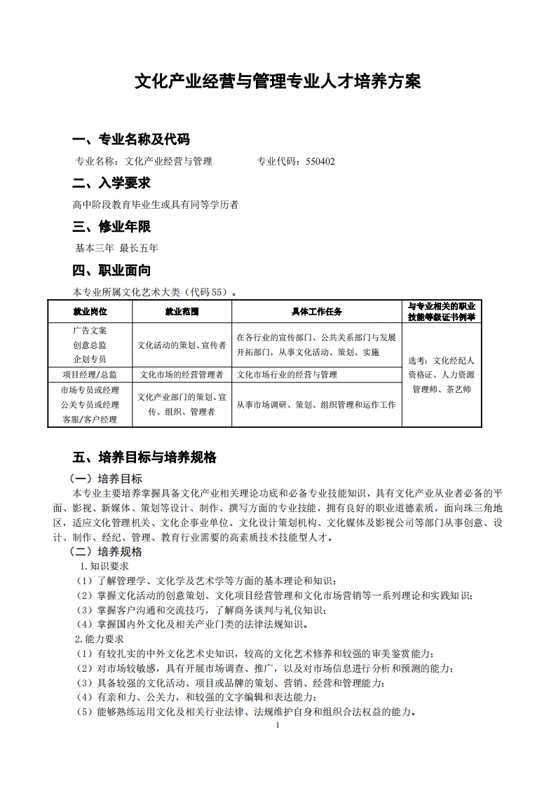 文化产业人才培养方案