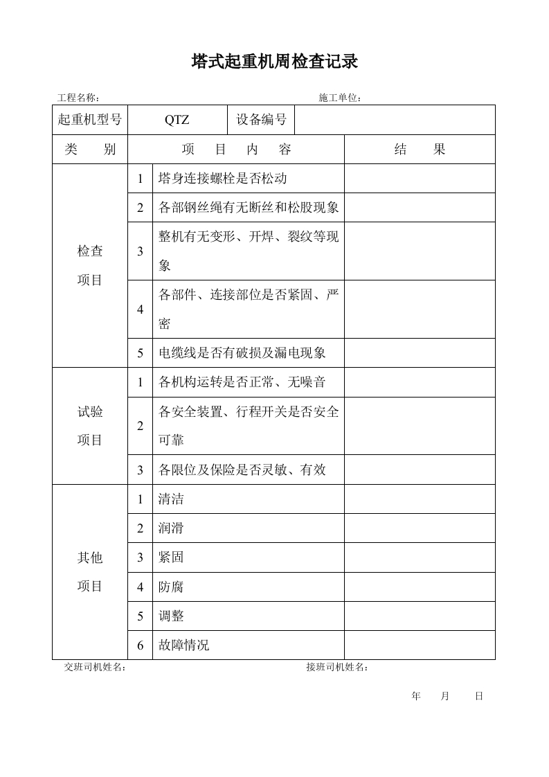 新版塔式起重机交接班记录