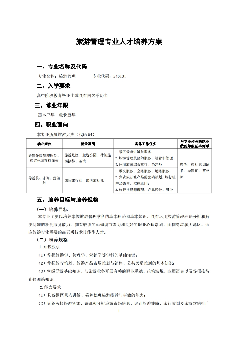 旅游管理专业人才培养方案