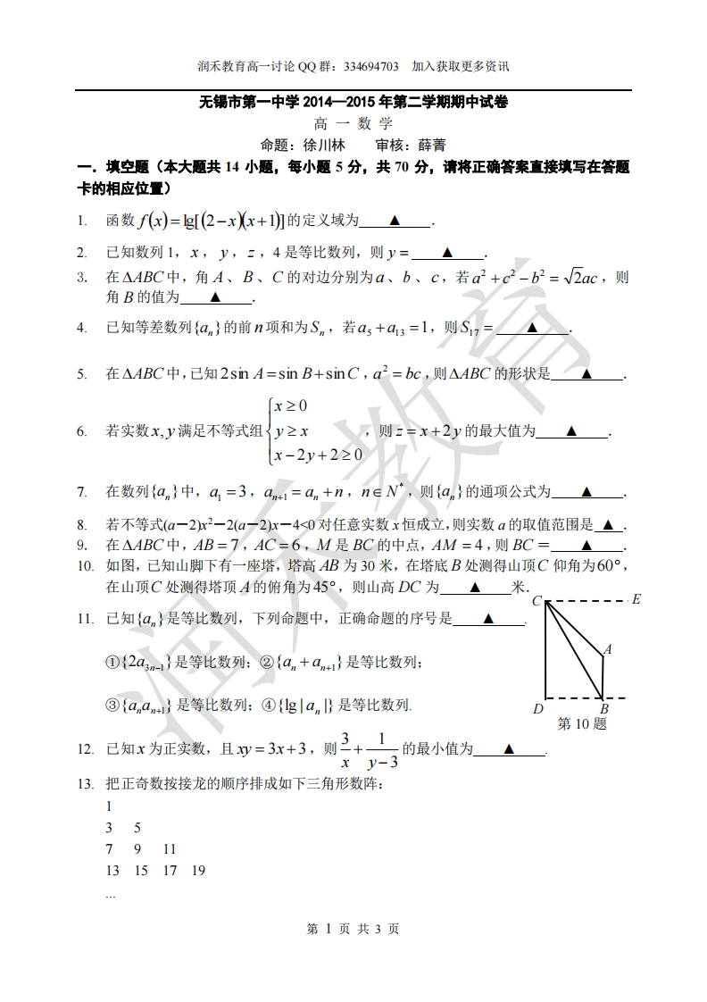 无锡市第一中学2014—2015年第二学期期中试卷
