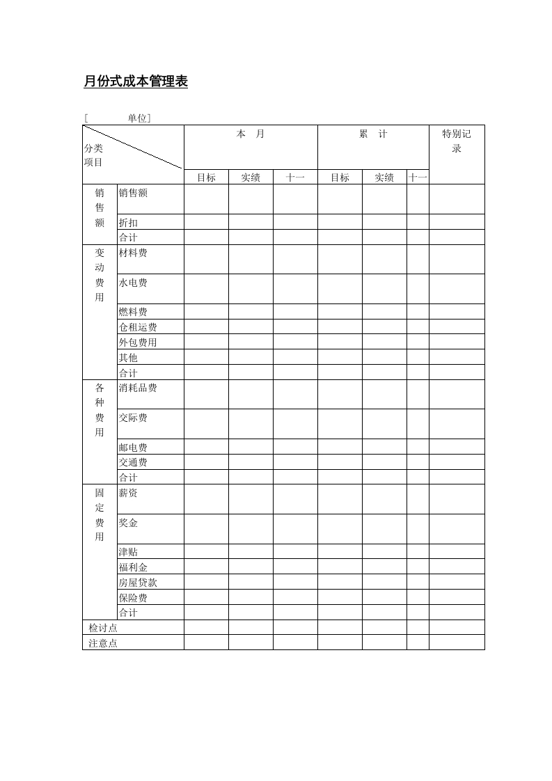 月份式成本管理表