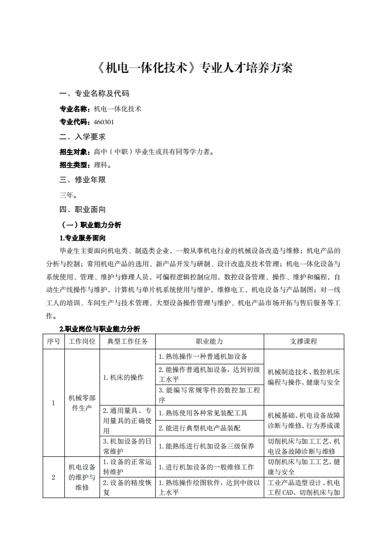 机电一体化技术专业人才培养方案业夕税飞从石