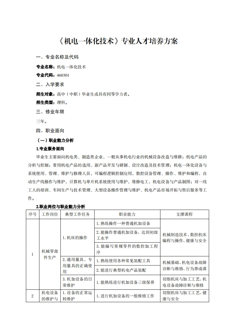 机电一体化技术专业人才培养方案于7万