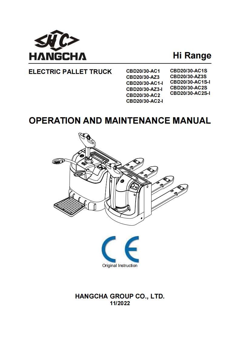 杭州叉车OMM-CBD20-30-AC2(S)-(I)零部件和维修手册含电器原理图和液压原理图