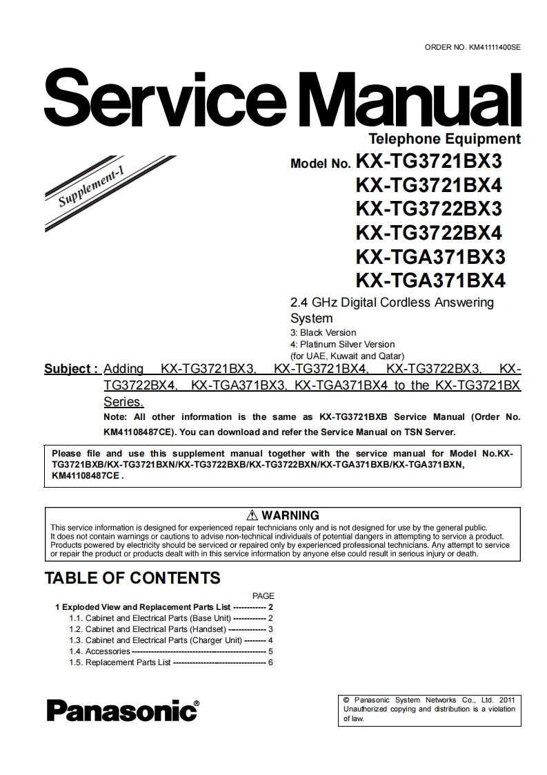 松下KX-TG3722BX3-SUP维修手册