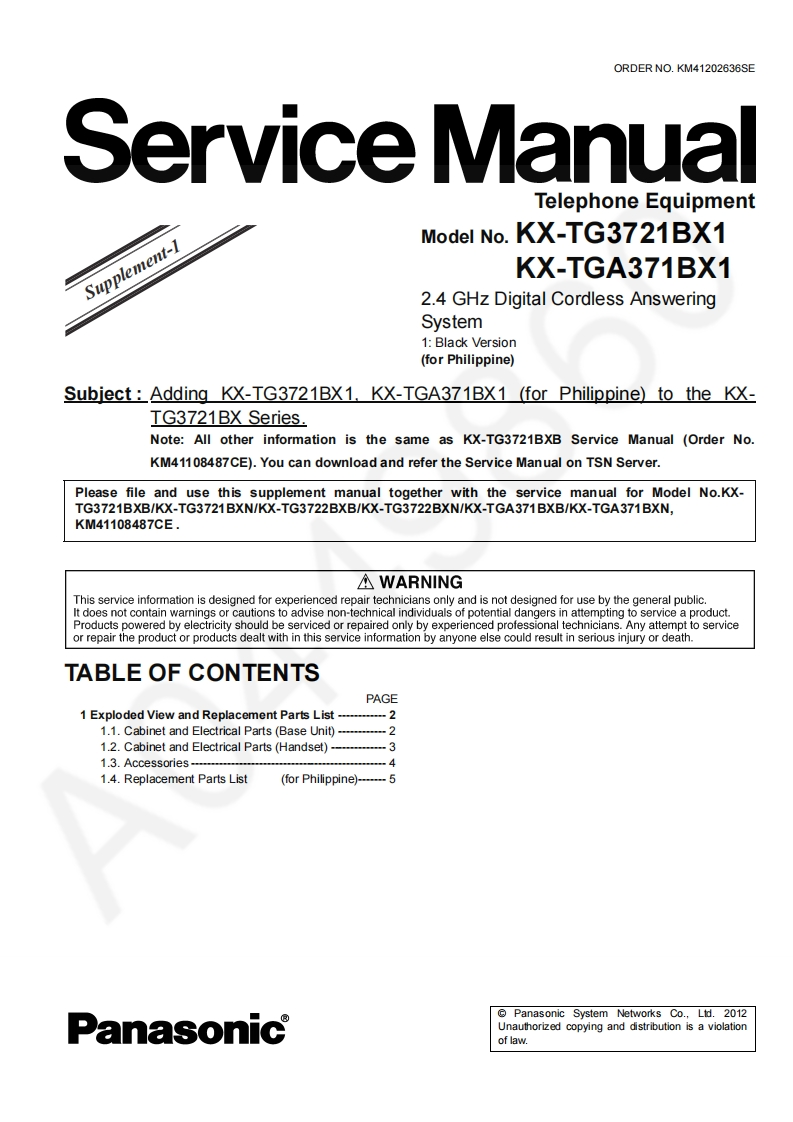 松下KX-TGA371BX1_Sup1维修手册