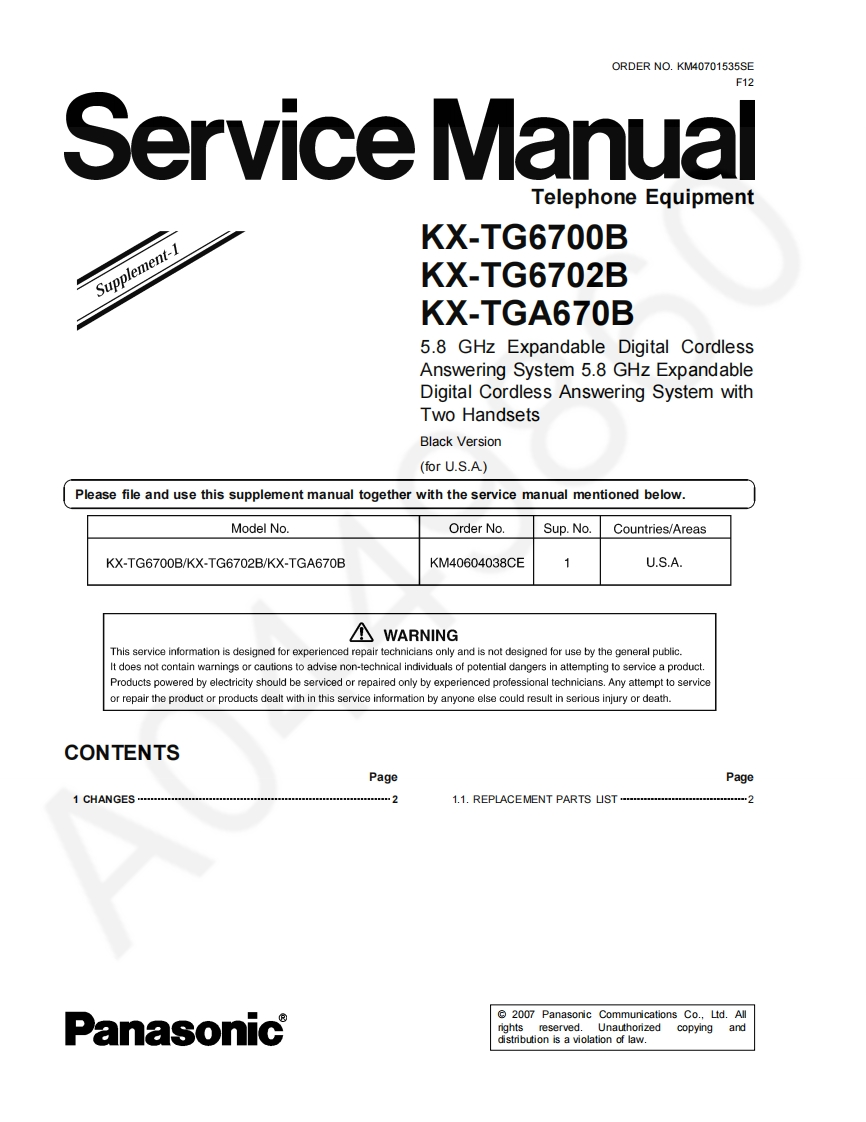 松下KX-TGA670B_Sup1维修手册