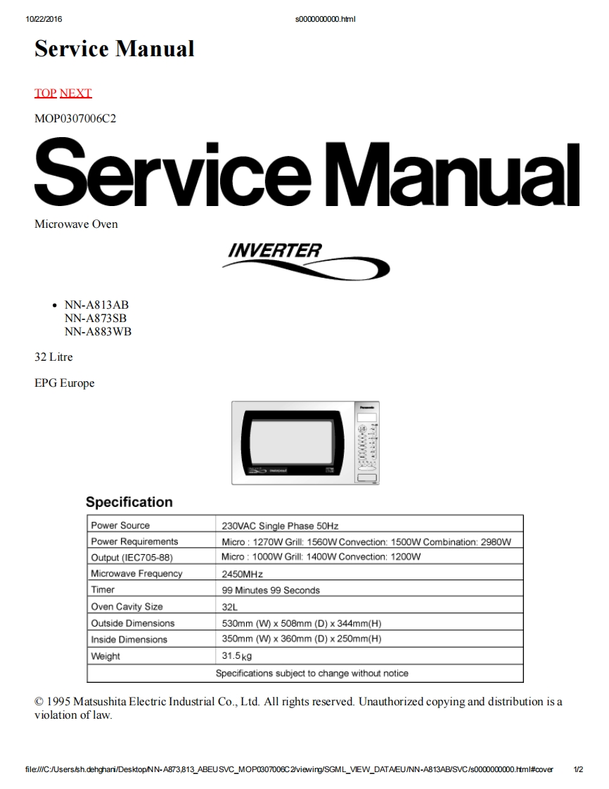 松下NN-A873SB维修手册