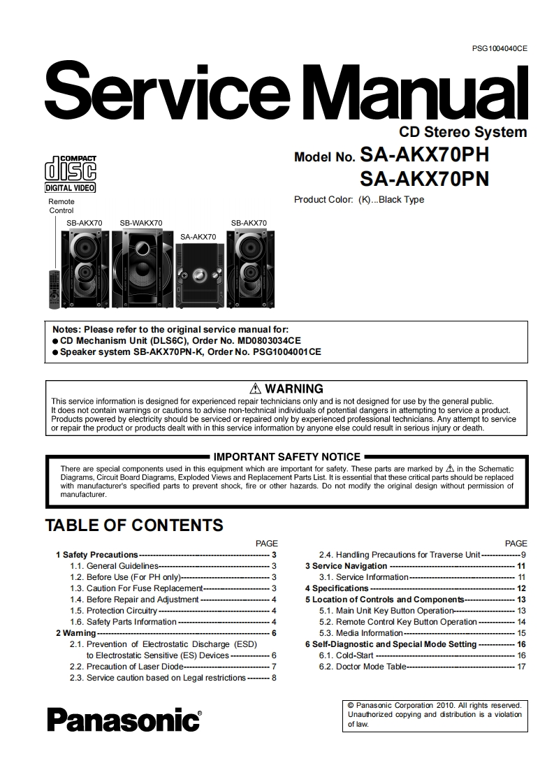 松下SA-AKX70PH-SERVICE-MANUAL维修手册含电器原理图