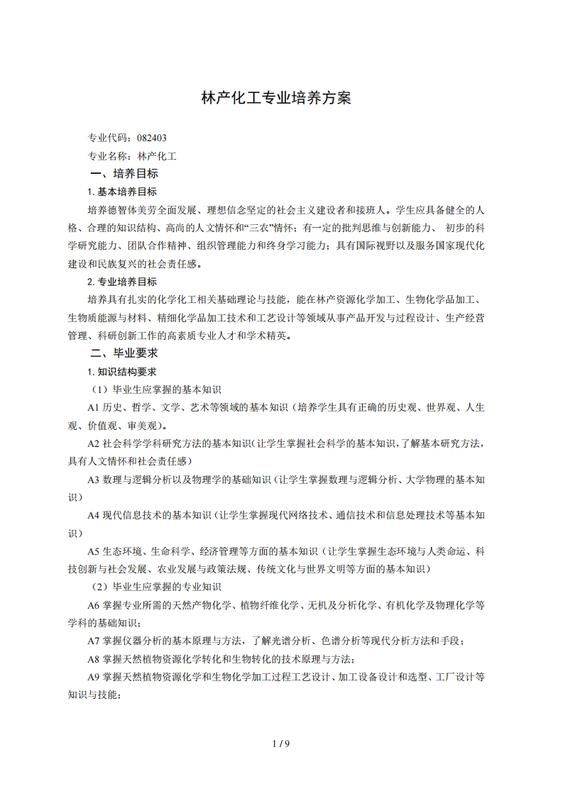林木资源化学工程专业培育规划