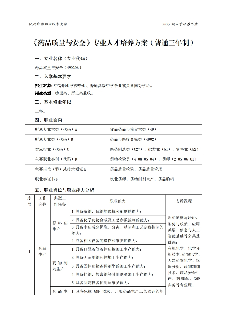 林职业技术大学2025级人才培养方案5品质量与安全专业人才培养方案(普通三年制)