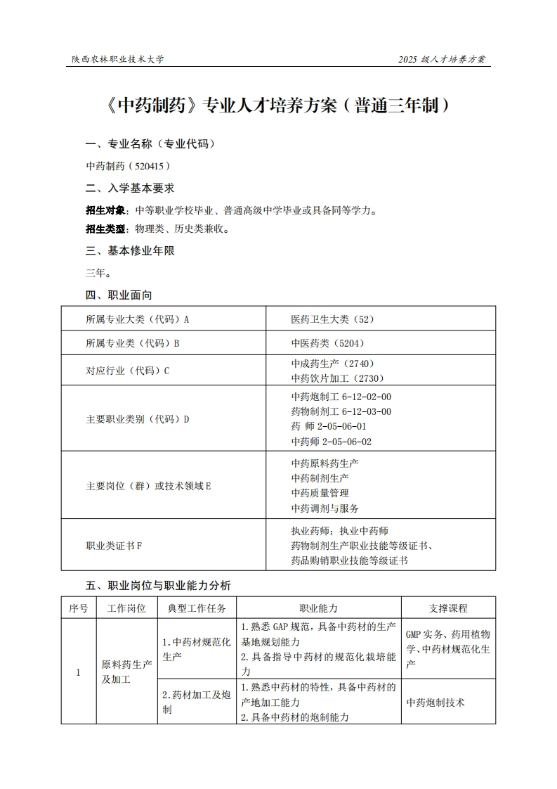 林职业技术大学2025级人才培养方案中药制药专业人才培养方案(普通三年制)