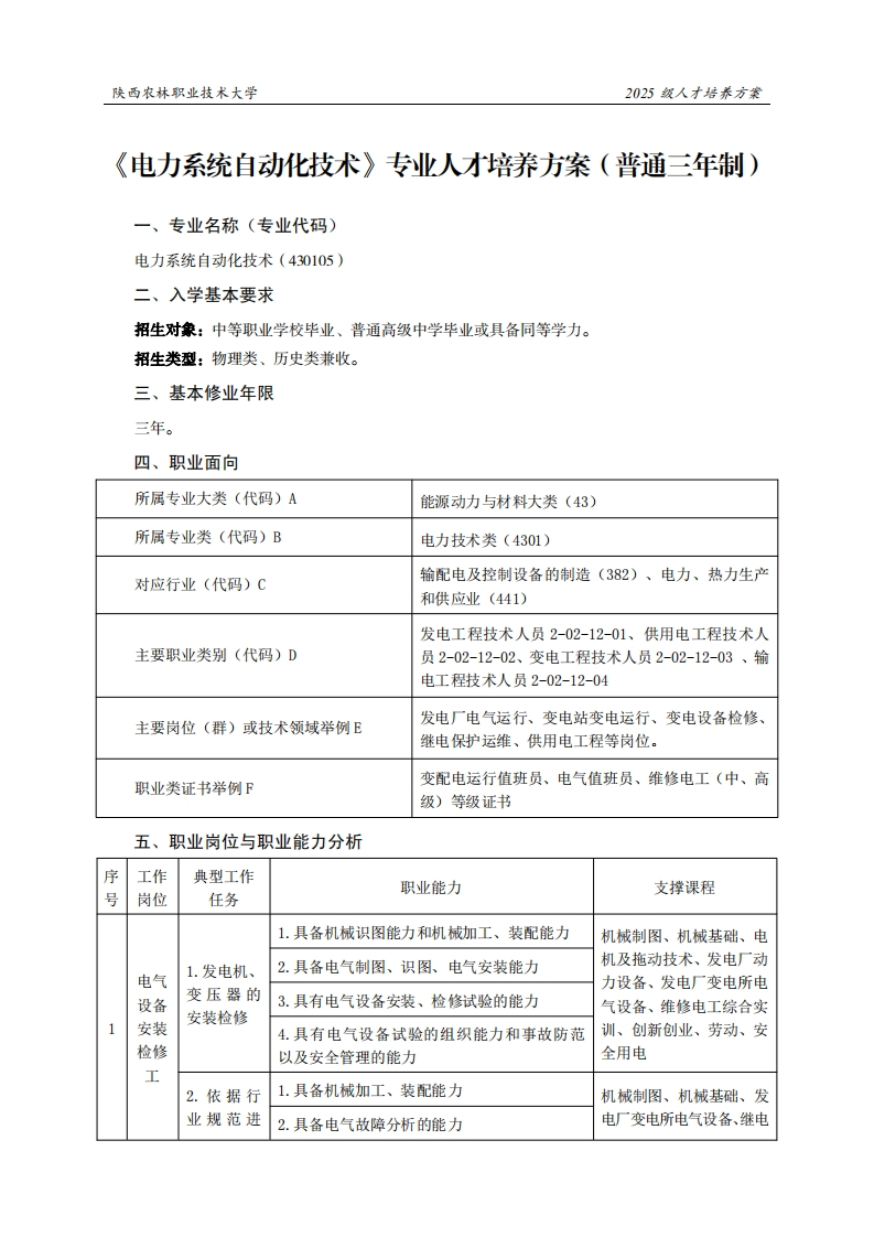 林职业技术大学2025级人才培养方案力系统自动化技术专业人才培养方案(普通三年制)