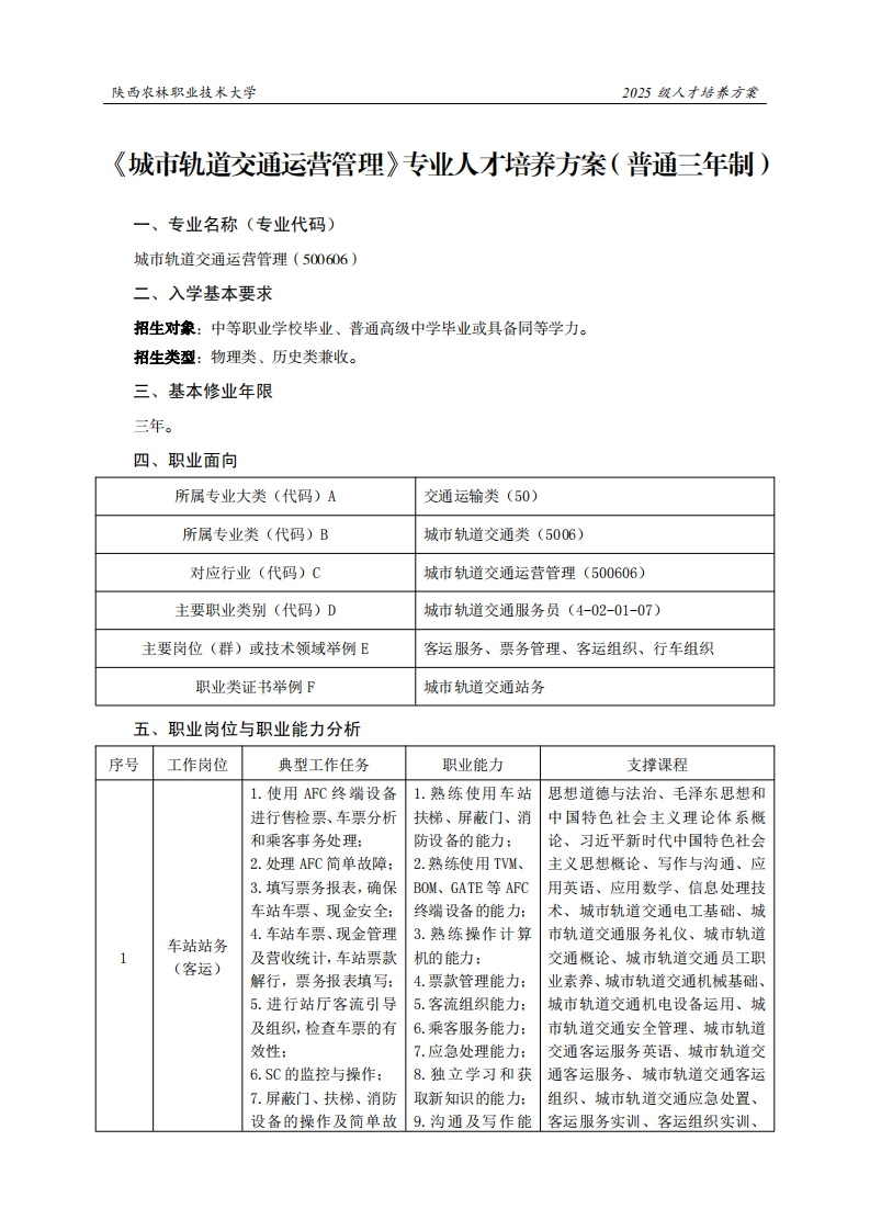 林职业技术大学2025级人才培养方案古轨道交通运营管理专业人才培养方案(普通三年制)