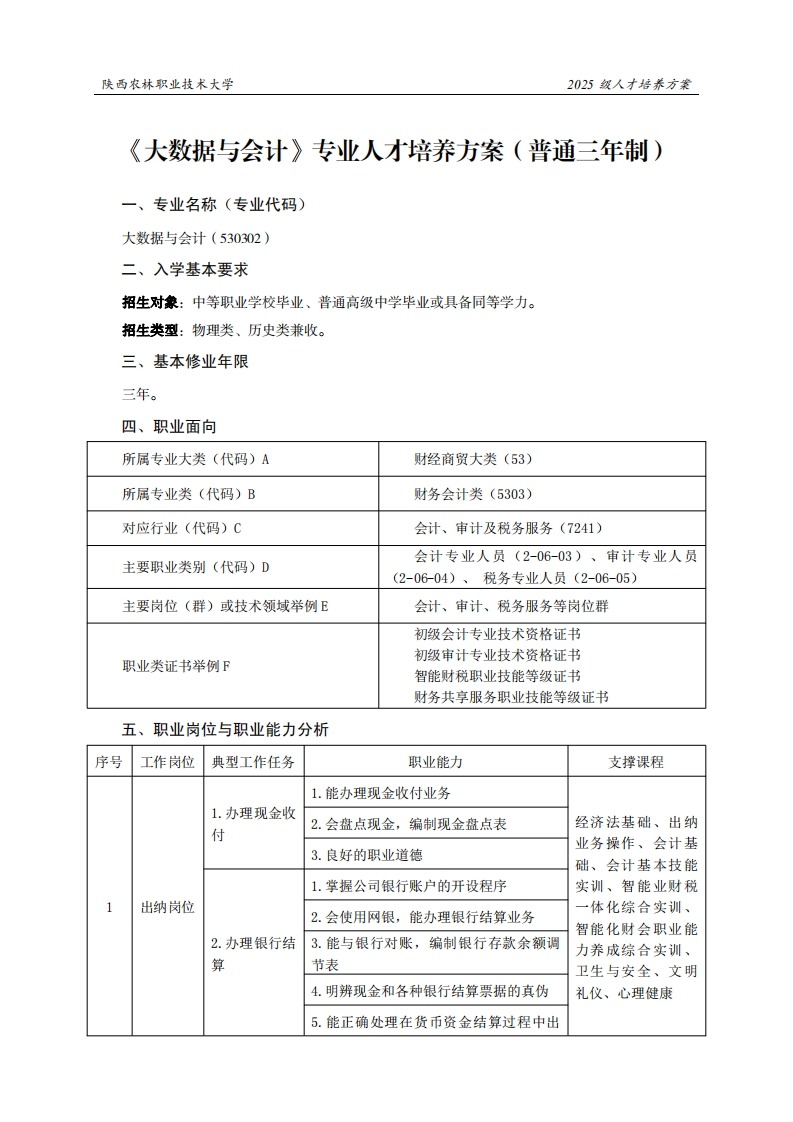林职业技术大学2025级人才培养方案大数据与会计专业人才培养方案(普通三年制)