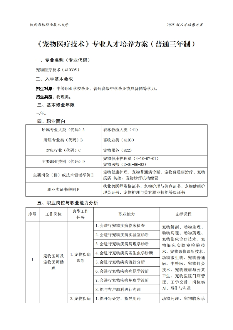 林职业技术大学2025级人才培养方案宠物医疗技术专业人才培养方案(普通三年制)